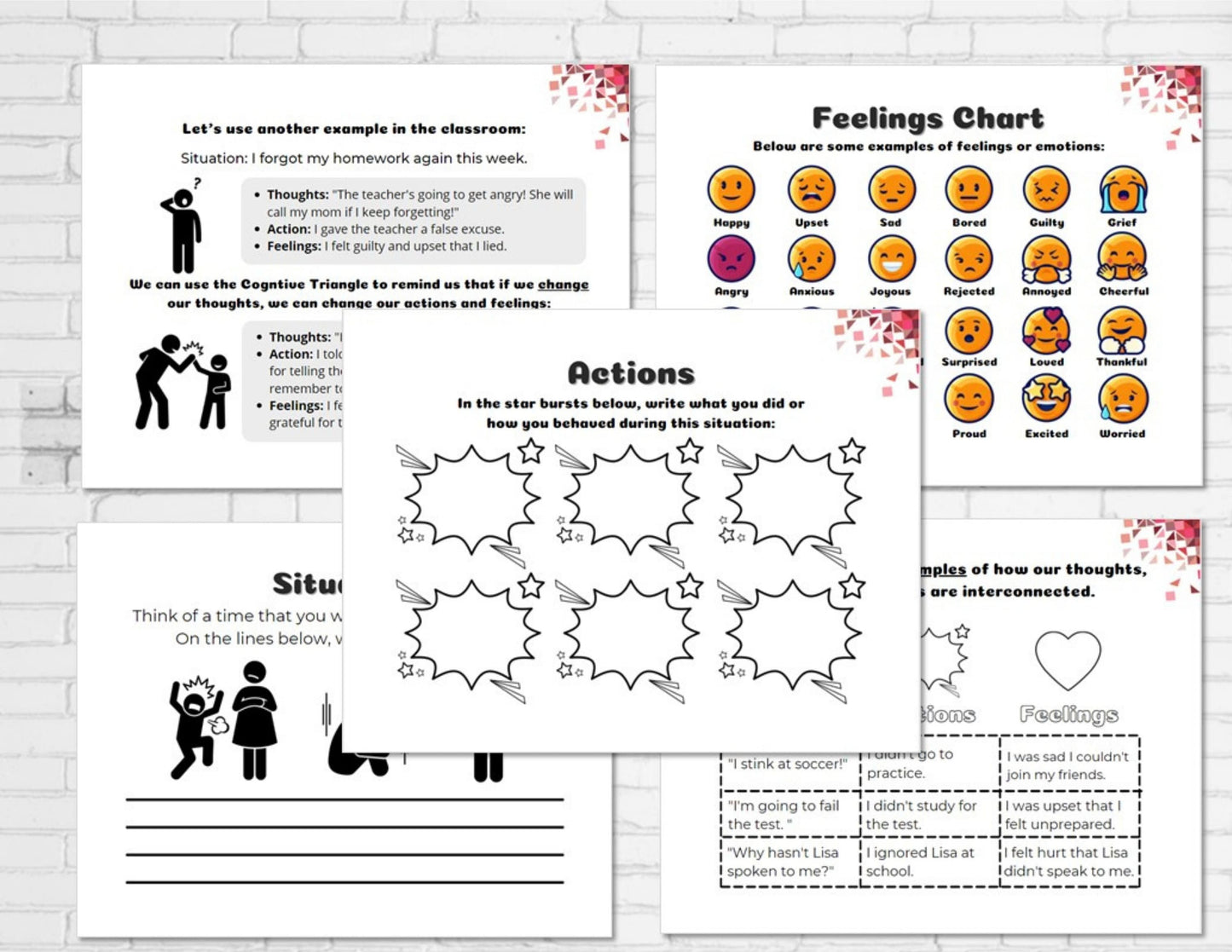 CBT Cognitive Triangle, Anxiety Worksheets for Kids: Thoughts, Feelings, Actions, Mental Health, Education, Counselling (DIGITAL PRINTABLE)