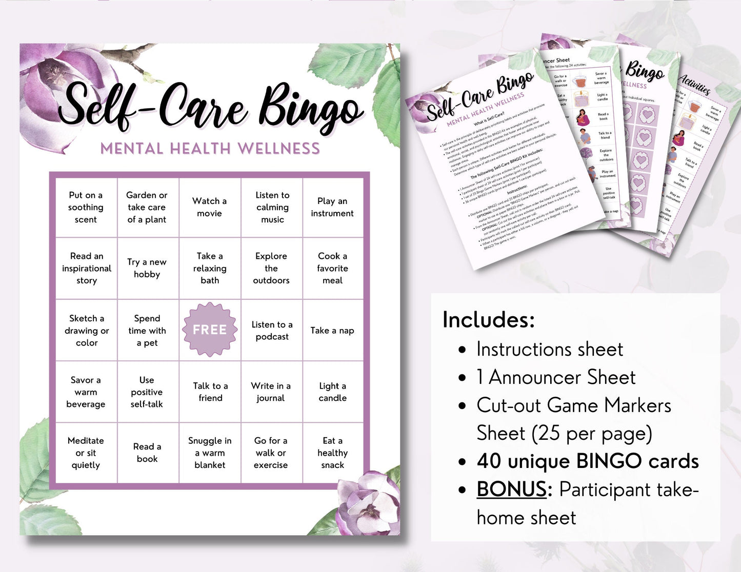 Self-Care BINGO Game Activity Kit for Mental Health, Wellness, Therapy, Worry, Mindfulness, Office, Classroom, Counselor (DIGITAL PRINTABLE)
