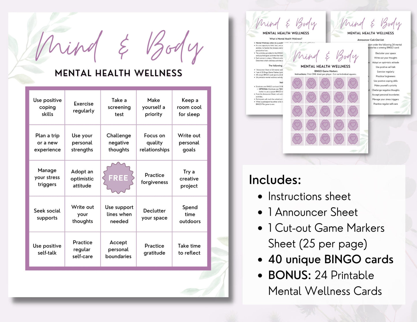 Mental Health BINGO Game Kit, Wellness Activity, Self-Care Learning, Coping Skills Education, Mindfulness, Teens, Adults (DIGITAL PRINTABLE)