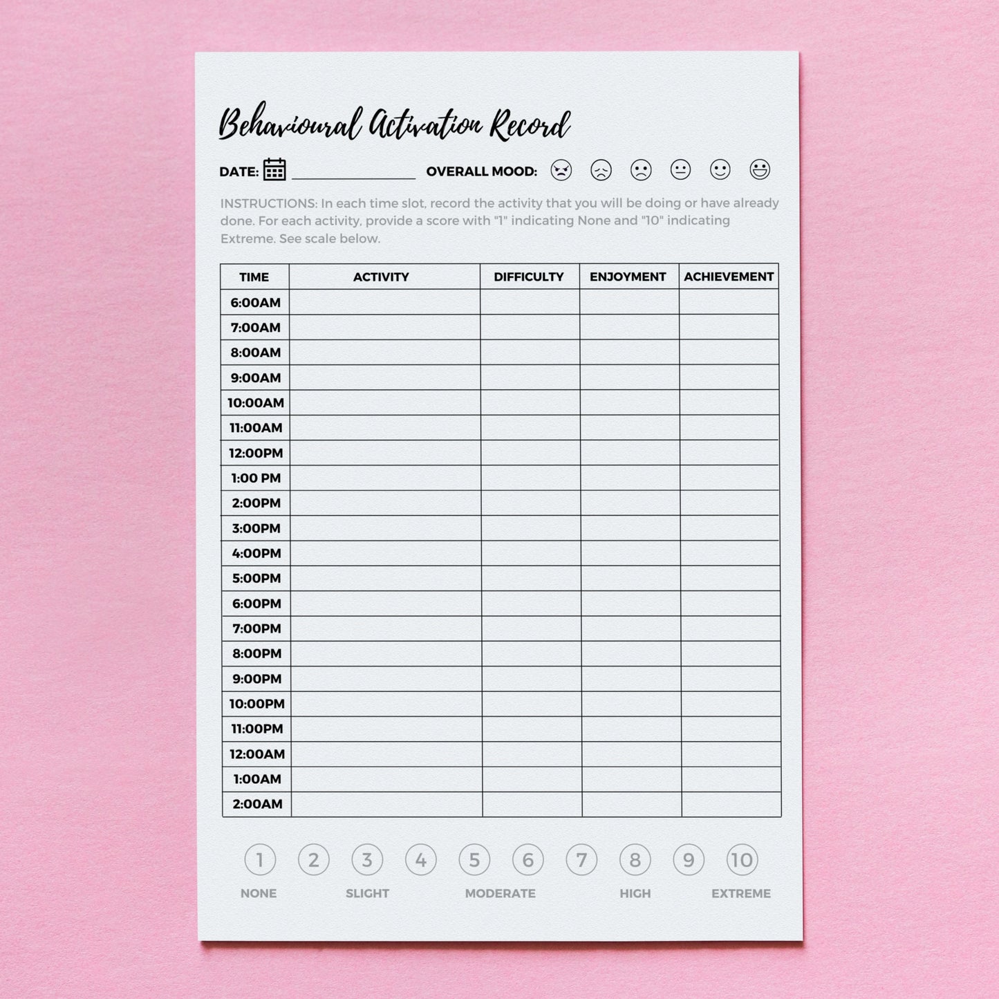 Activity Scheduling, Behavioral Activation Record, Emotional Regulation, CBT, DBT, Therapy, Mental Health, Psychology (Digital Printable)