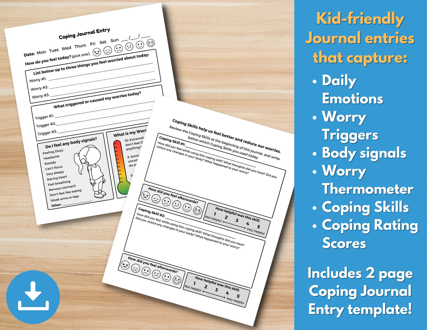Coping Skills Journal for Kids, Worksheets for Worry, Emotional Regulation, Social Emotional Learning, Mental Health (Digital Printable)