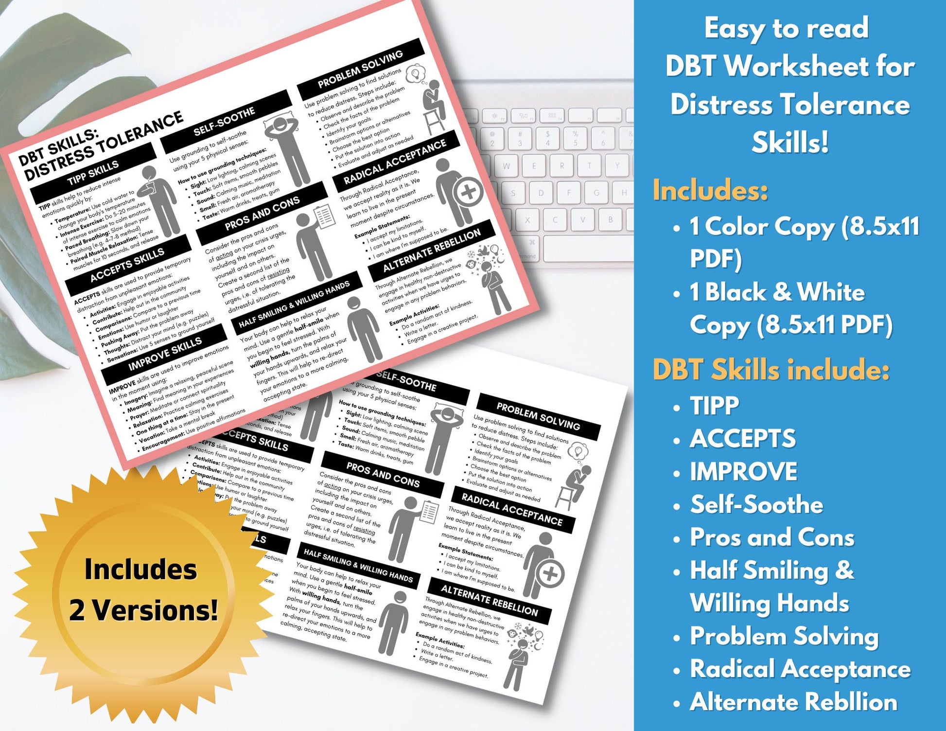DBT Distress Tolerance Coping Skills, Worksheet, Handout, Therapy, Dialectical Behavior, Mental Health, Counselor (Digital Download)