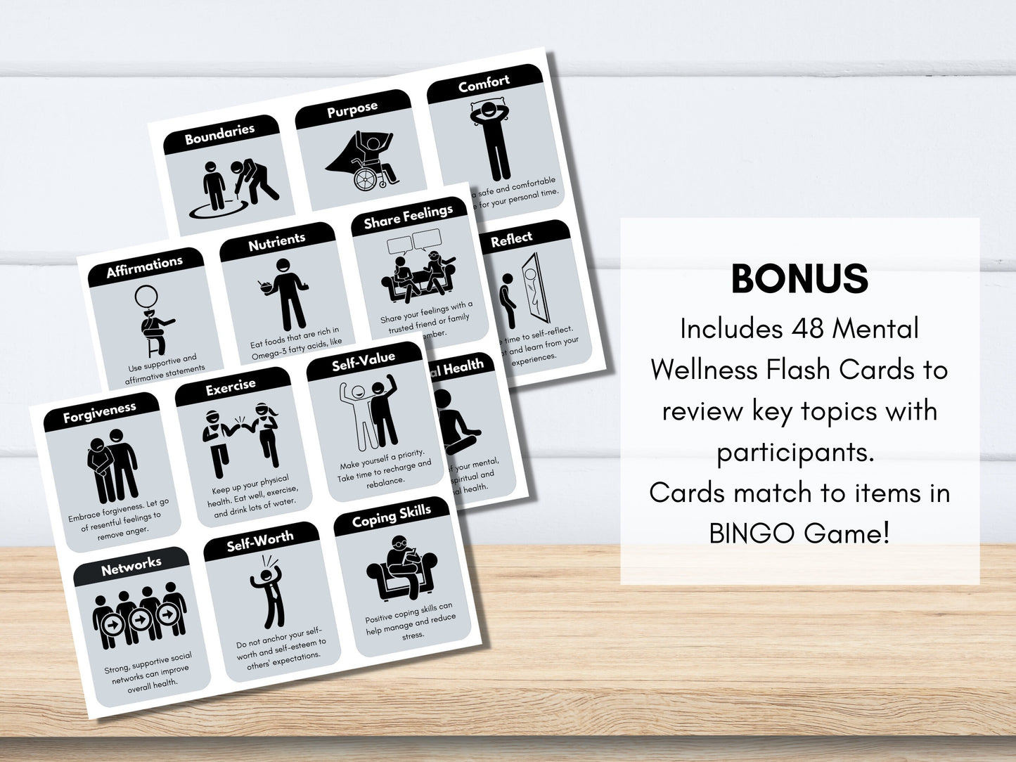 Mental Health BINGO Game Kit, Mental Wellness Strategies, Activity, Counselor, Psychology - Includes 48 BONUS Flashcards (Digital Printable)