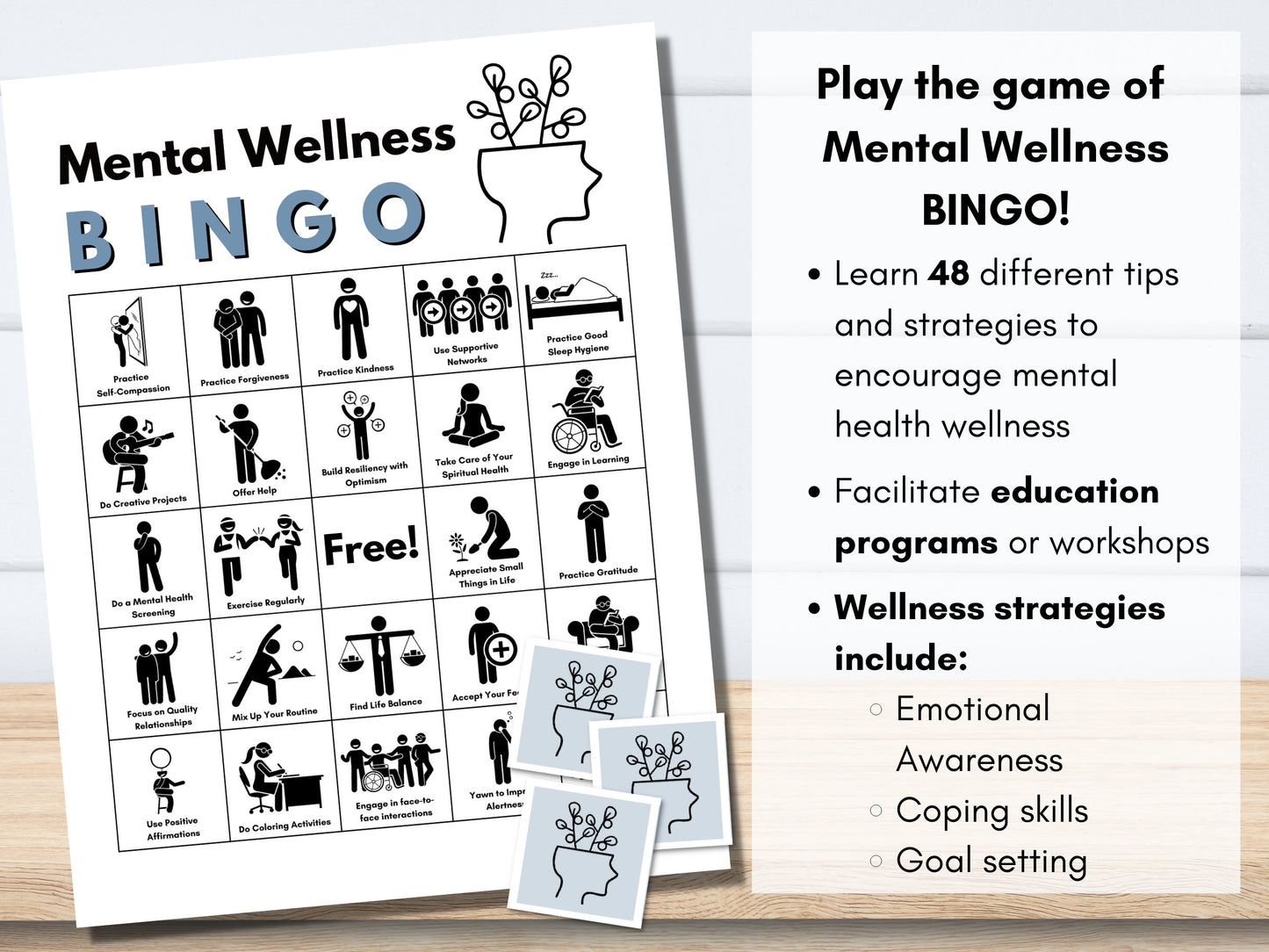 Mental Health BINGO Game Kit, Mental Wellness Strategies, Activity, Counselor, Psychology - Includes 48 BONUS Flashcards (Digital Printable)