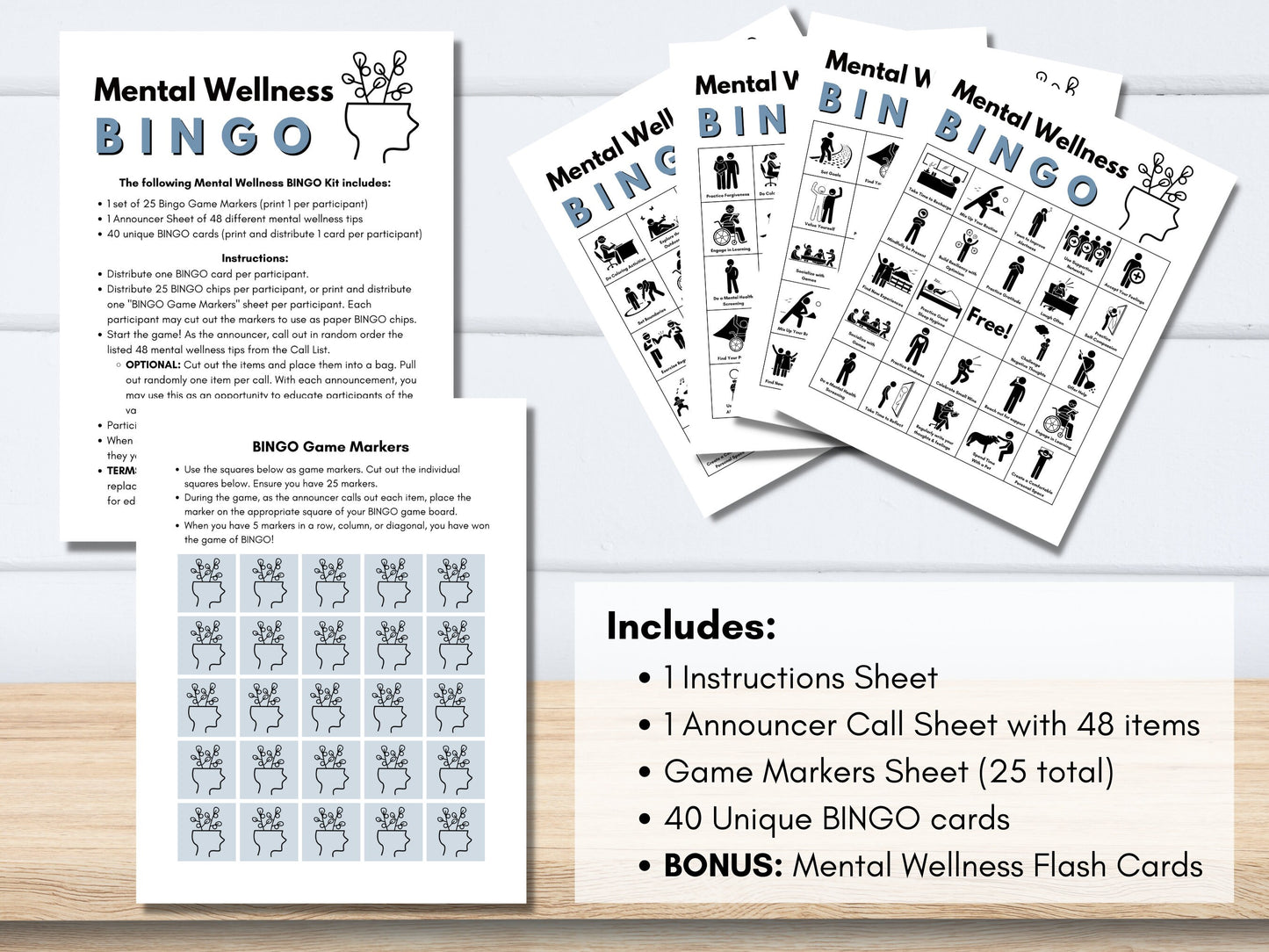 Mental Health BINGO Game Kit, Mental Wellness Strategies, Activity, Counselor, Psychology - Includes 48 BONUS Flashcards (Digital Printable)