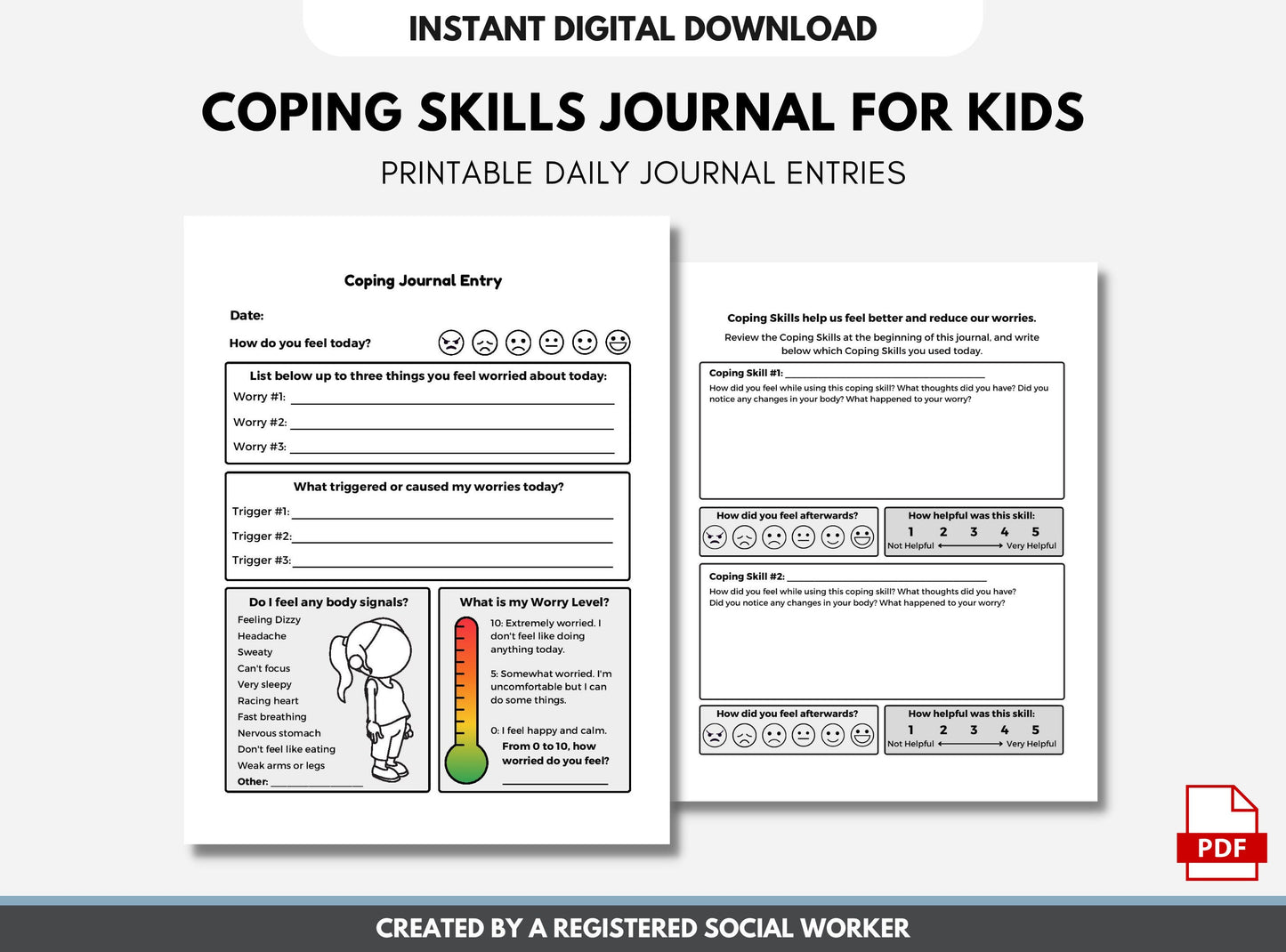 Coping Skills Journal for Kids, Worksheets for Worry, Emotional Regulation, Social Emotional Learning, Mental Health (Digital Printable)