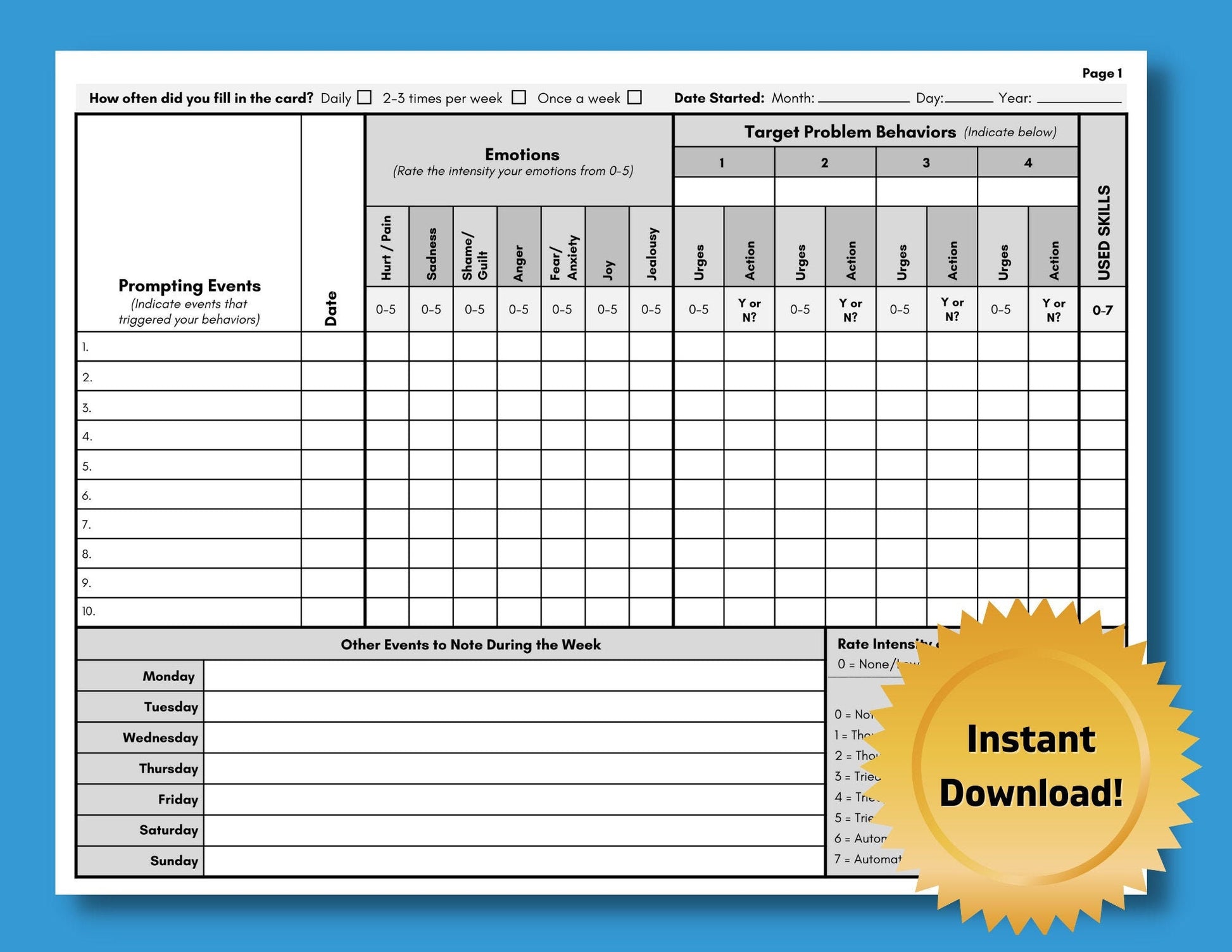 DBT Diary Card, Dialectical Behavior Therapy, Skills Tracker Worksheet, Weekly Journal, Reference Guide, Mental Health (DIGITAL PRINTABLE)