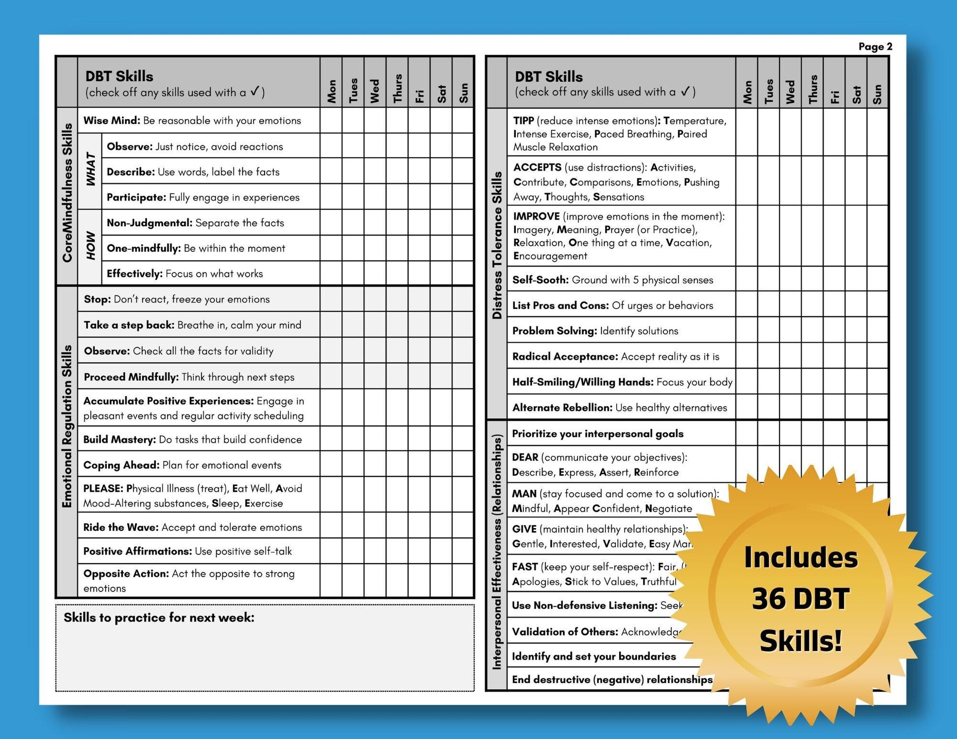DBT Diary Card, Dialectical Behavior Therapy, Skills Tracker Worksheet, Weekly Journal, Reference Guide, Mental Health (DIGITAL PRINTABLE)