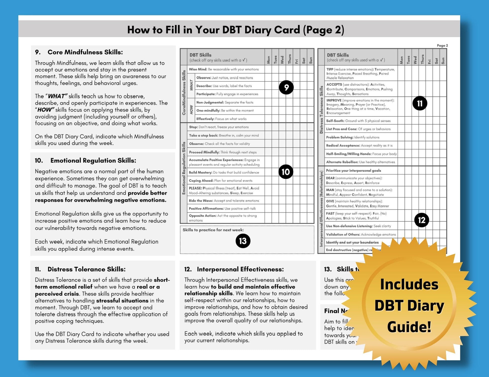 DBT Diary Card, Dialectical Behavior Therapy, Skills Tracker Worksheet, Weekly Journal, Reference Guide, Mental Health (DIGITAL PRINTABLE)