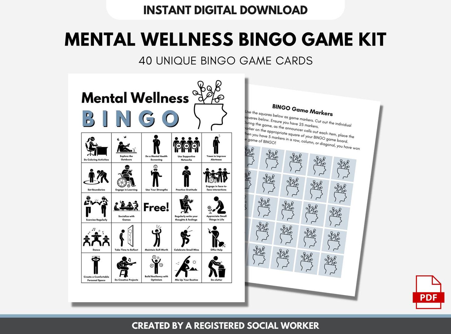 Mental Health BINGO Game Kit, Mental Wellness Strategies, Activity, Counselor, Psychology - Includes 48 BONUS Flashcards (Digital Printable)