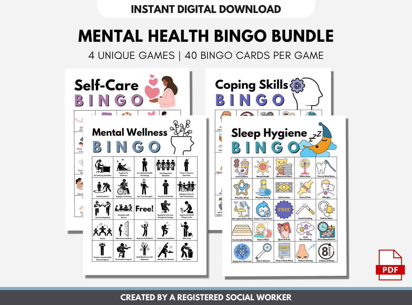 Mental Health BINGO Game Bundle, Includes 4 Games: Self-Care, Coping Skills, Mental Wellness, Sleep Hygiene, Activity (Digital Printable)