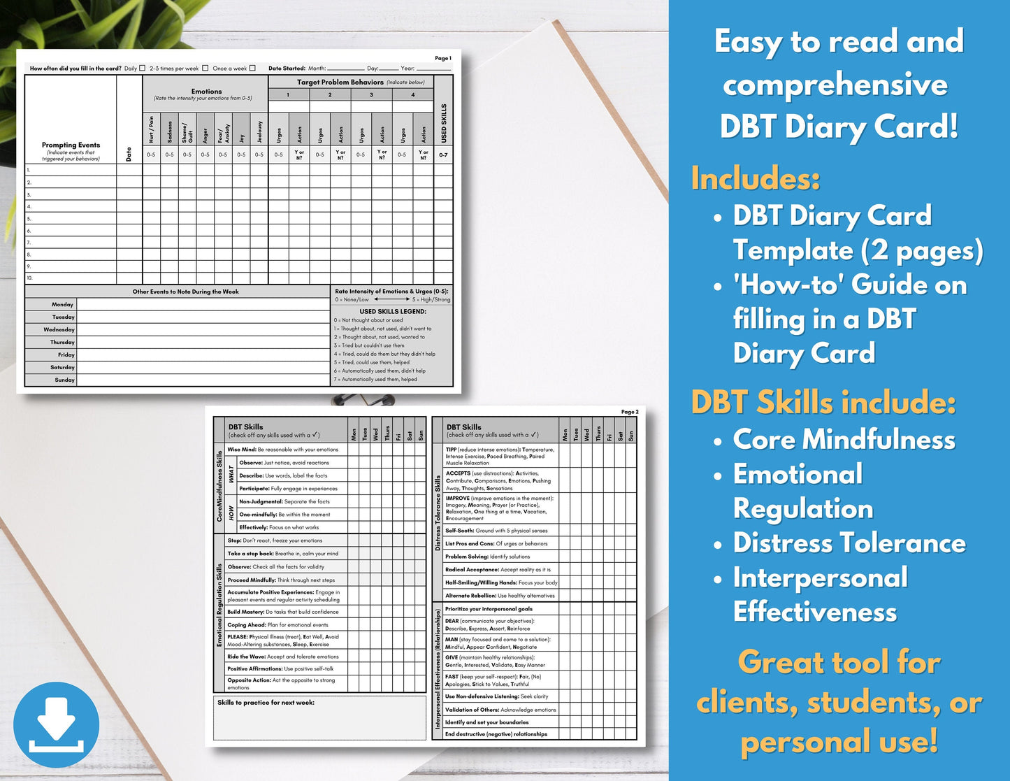 DBT Diary Card, Dialectical Behavior Therapy, Skills Tracker Worksheet, Weekly Journal, Reference Guide, Mental Health (DIGITAL PRINTABLE)