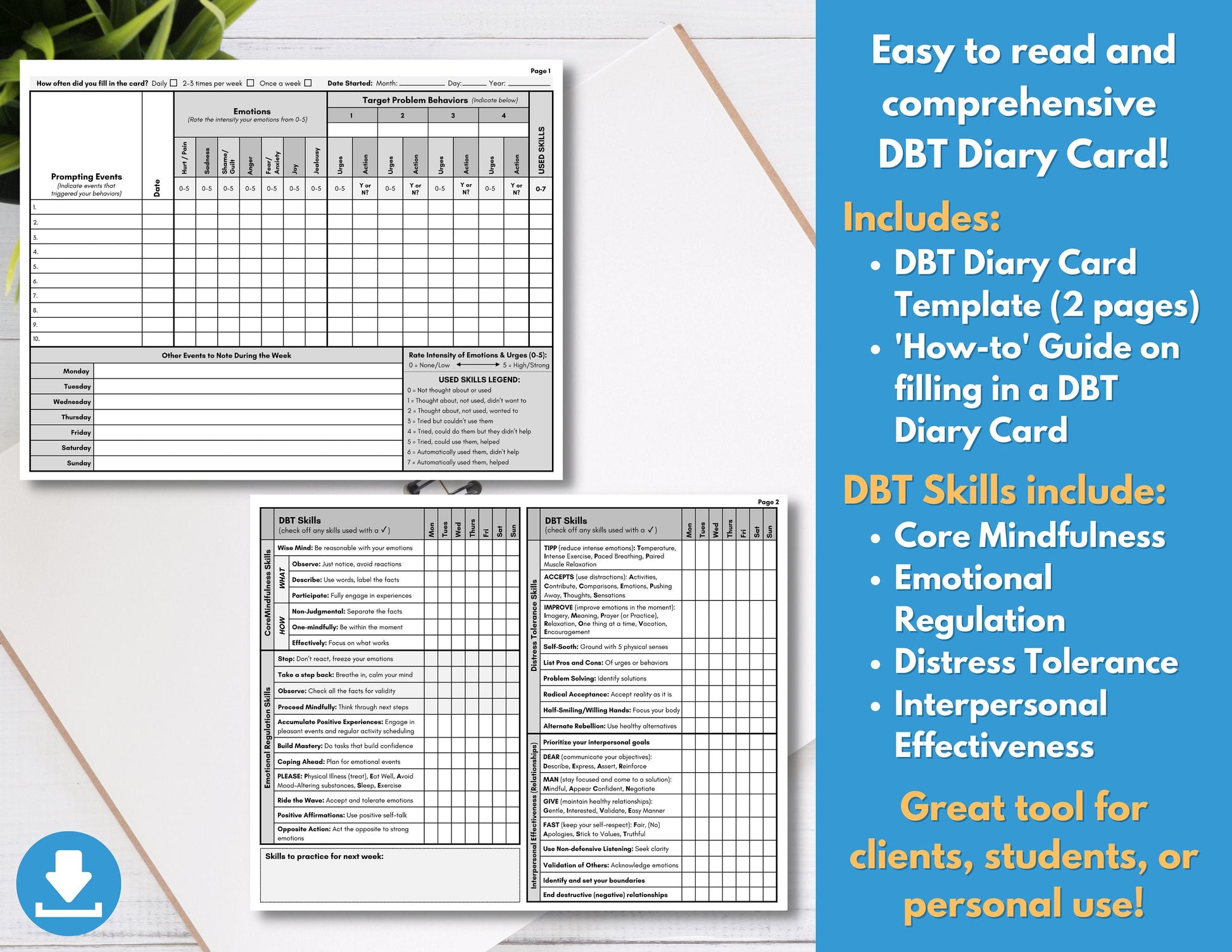 DBT Diary Card, Dialectical Behavior Therapy, Skills Tracker Worksheet, Weekly Journal, Reference Guide, Mental Health (DIGITAL PRINTABLE)