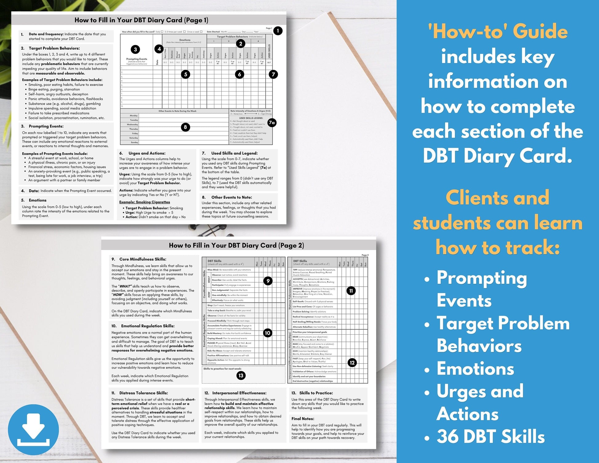 DBT Diary Card, Dialectical Behavior Therapy, Skills Tracker Worksheet, Weekly Journal, Reference Guide, Mental Health (DIGITAL PRINTABLE)