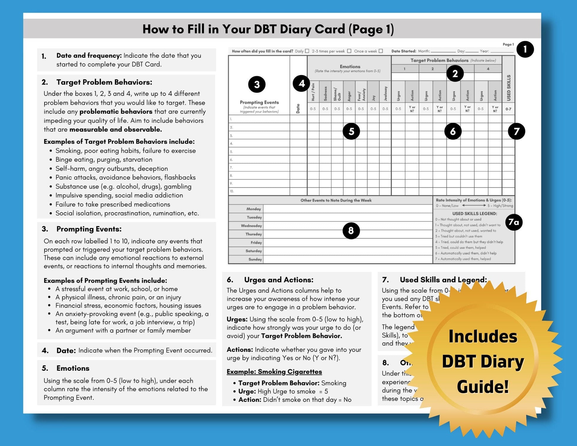 DBT Diary Card, Dialectical Behavior Therapy, Skills Tracker Worksheet, Weekly Journal, Reference Guide, Mental Health (DIGITAL PRINTABLE)