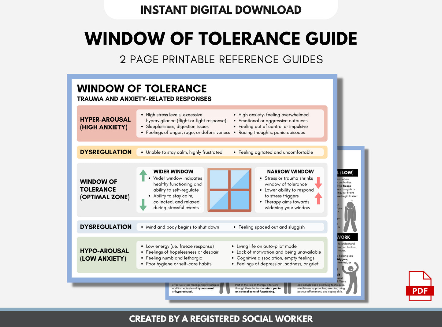 Window of Tolerance Cheat Sheet, Anxiety and Trauma Psychology Worksheet, Emotional Regulation, Mental Health, Therapy (Digital PDF)