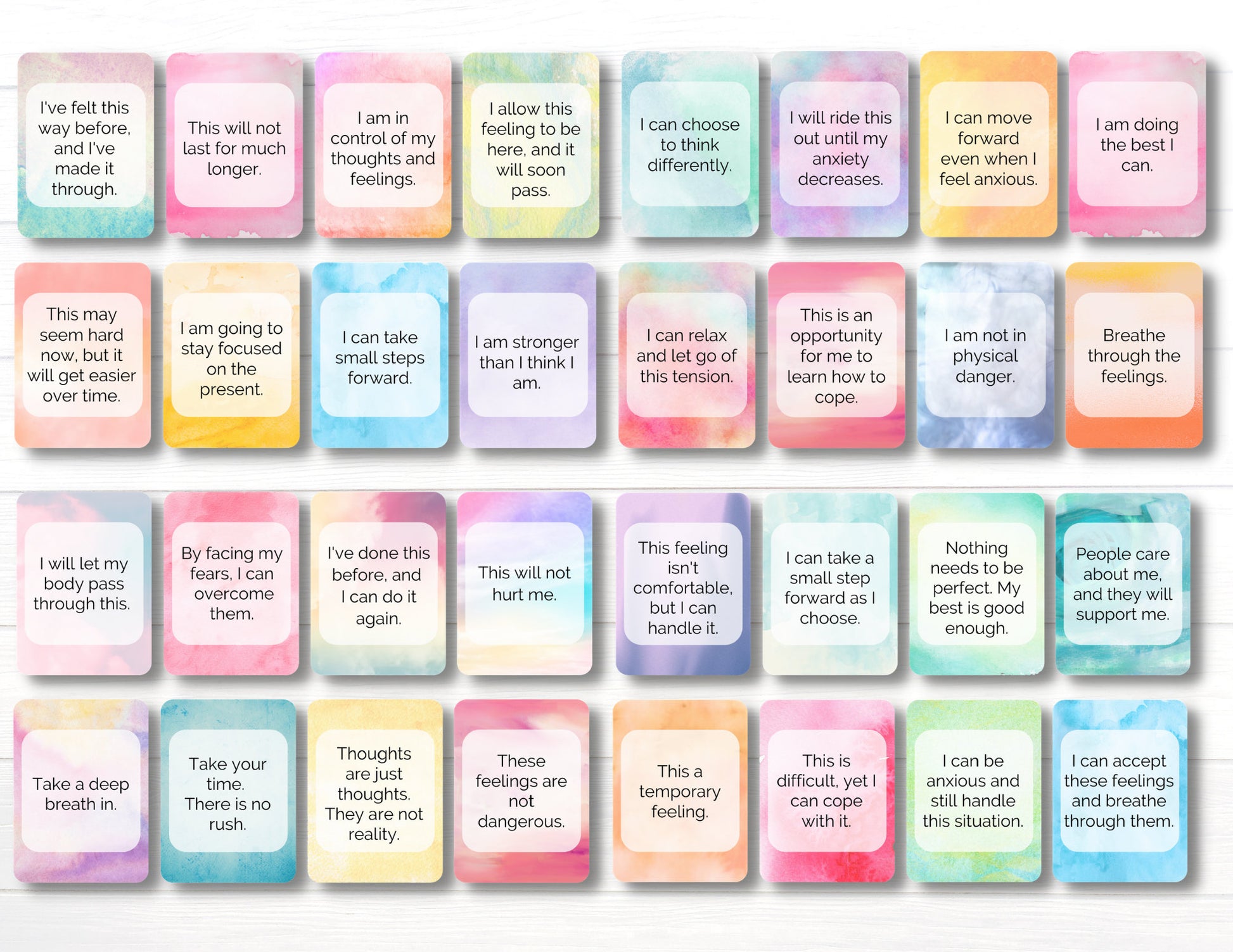 40 Anxiety Coping Cards, Calming Affirmations, Stress Relief, CBT, DBT, Mindfulness, Self-care, Mental Health (Digital Printable)