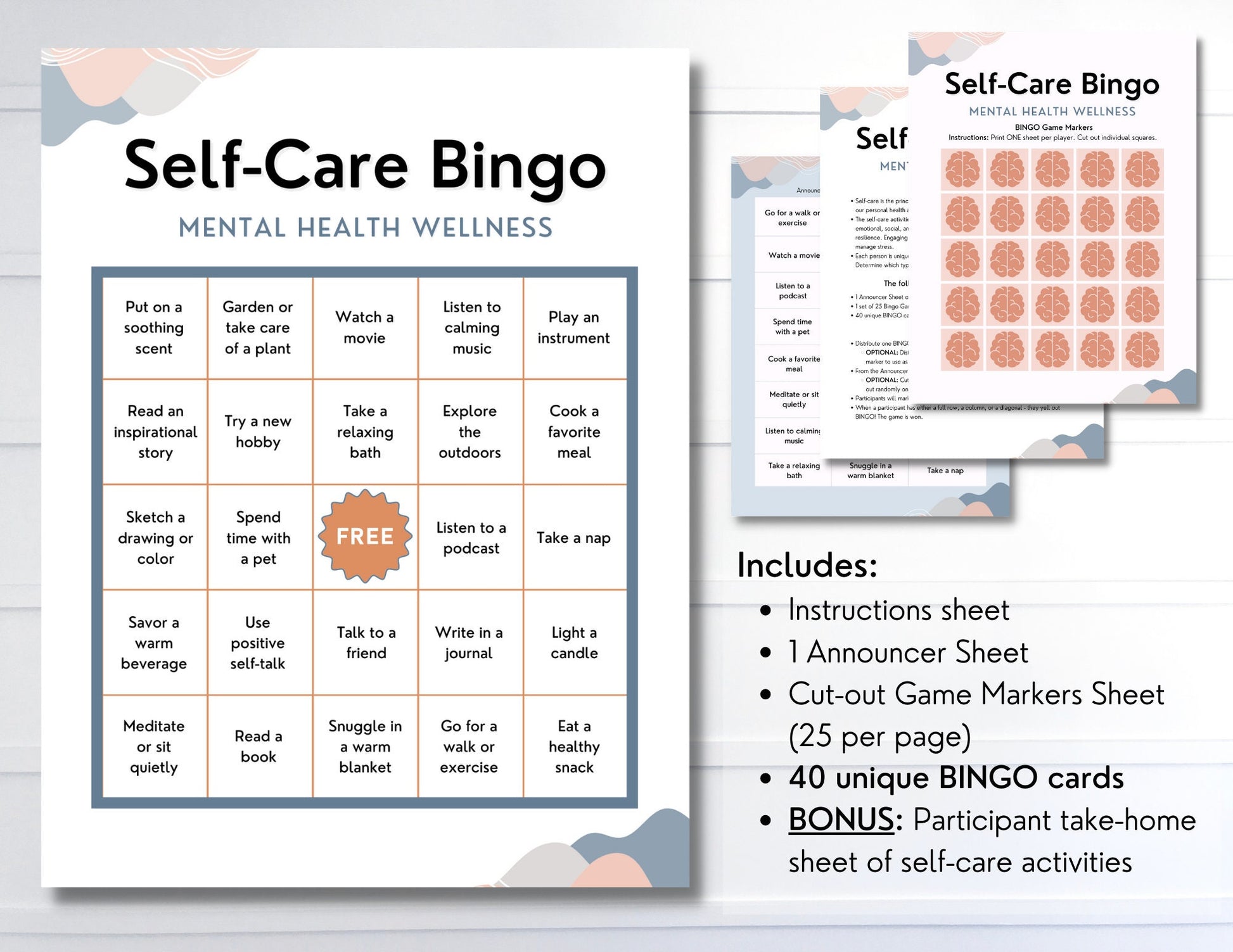 Self-Care BINGO Game Activity, Mental Health, Wellness, Team Building, Office, Classroom, School, Counselor, Social Work (DIGITAL PRINTABLE)