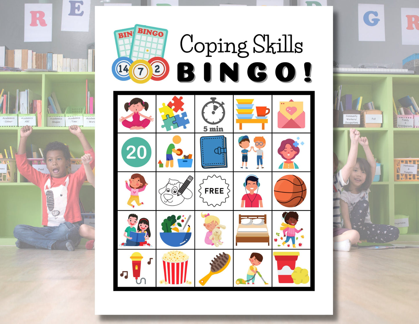 Coping Skills BINGO Game Activity Cards for Kids, Calming Strategies, Emotional Regulation for Worry Anger, Mental Health (DIGITAL DOWNLOAD)