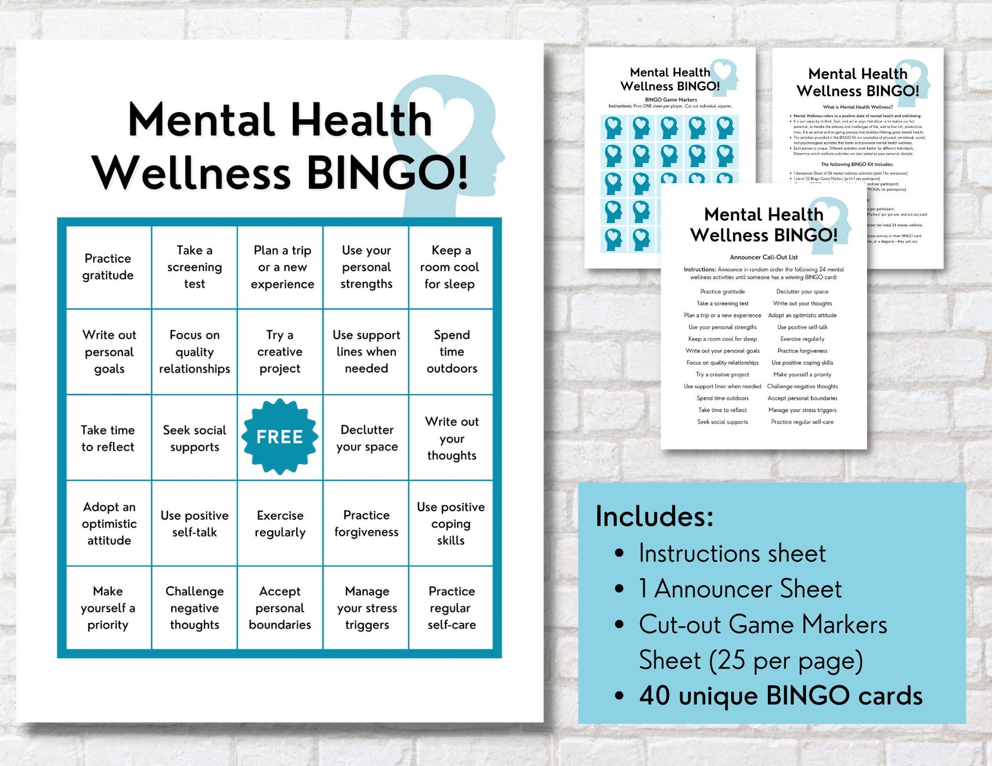 Mental Health BINGO Game Kit, Wellness, Well-being Activity, Student, Workplace, Counselor, Social Work, Coping Skills (DIGITAL PRINTABLE)