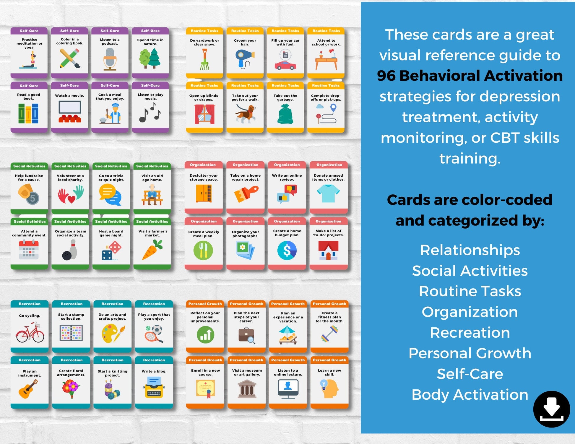 Behavior Activation Flash Cards, Activity Scheduling, Positive Growth, DBT, CBT, Emotional Regulation, Mental Health (Digital Printable)