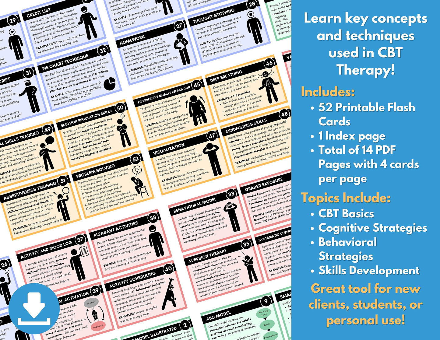 52 CBT Therapy Skills Flash Cards, Cognitive Behavioral Therapy Cheat Sheets, Education, Mental Health Worksheets (DIGITAL DOWNLOAD)