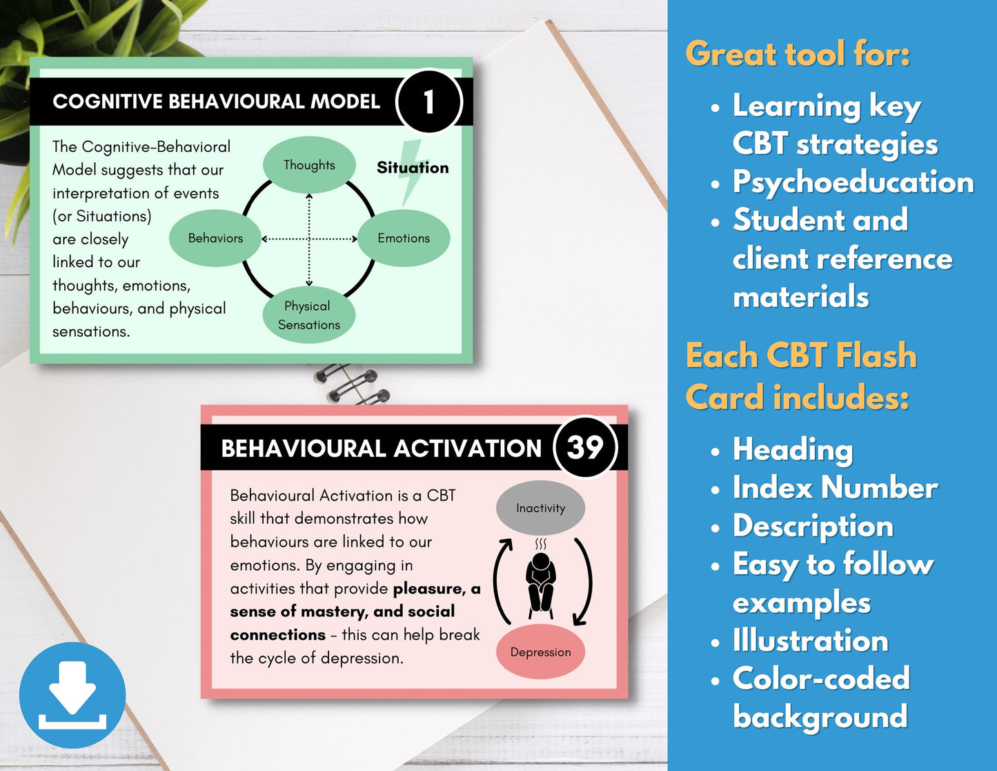 52 CBT Therapy Skills Flash Cards, Cognitive Behavioral Therapy Cheat Sheets, Education, Mental Health Worksheets (DIGITAL DOWNLOAD)