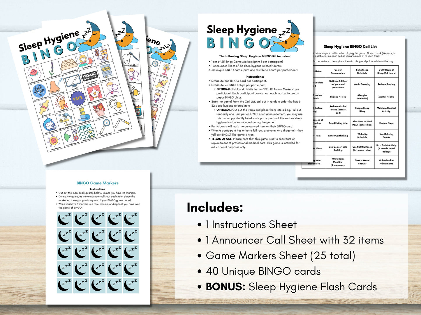 Sleep Wellness BINGO Game Cards, Mental Health, Sleep Hygiene, Educational Activity, Teens, Adults, Classroom (Digital Printable)