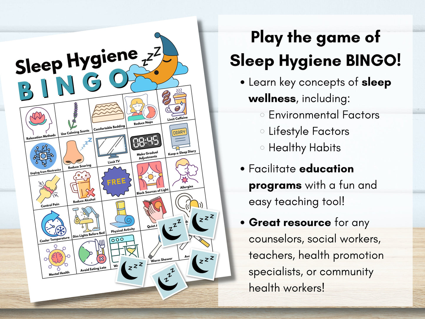 Sleep Wellness BINGO Game Cards, Mental Health, Sleep Hygiene, Educational Activity, Teens, Adults, Classroom (Digital Printable)