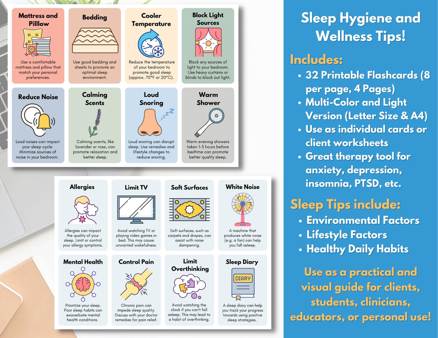 Sleep Hygiene Flash Cards, Sleep Wellness Tips Worksheets, Insomnia, Mental Health, Patient Education, Tools, Strategies (DIGITAL PRINTABLE)