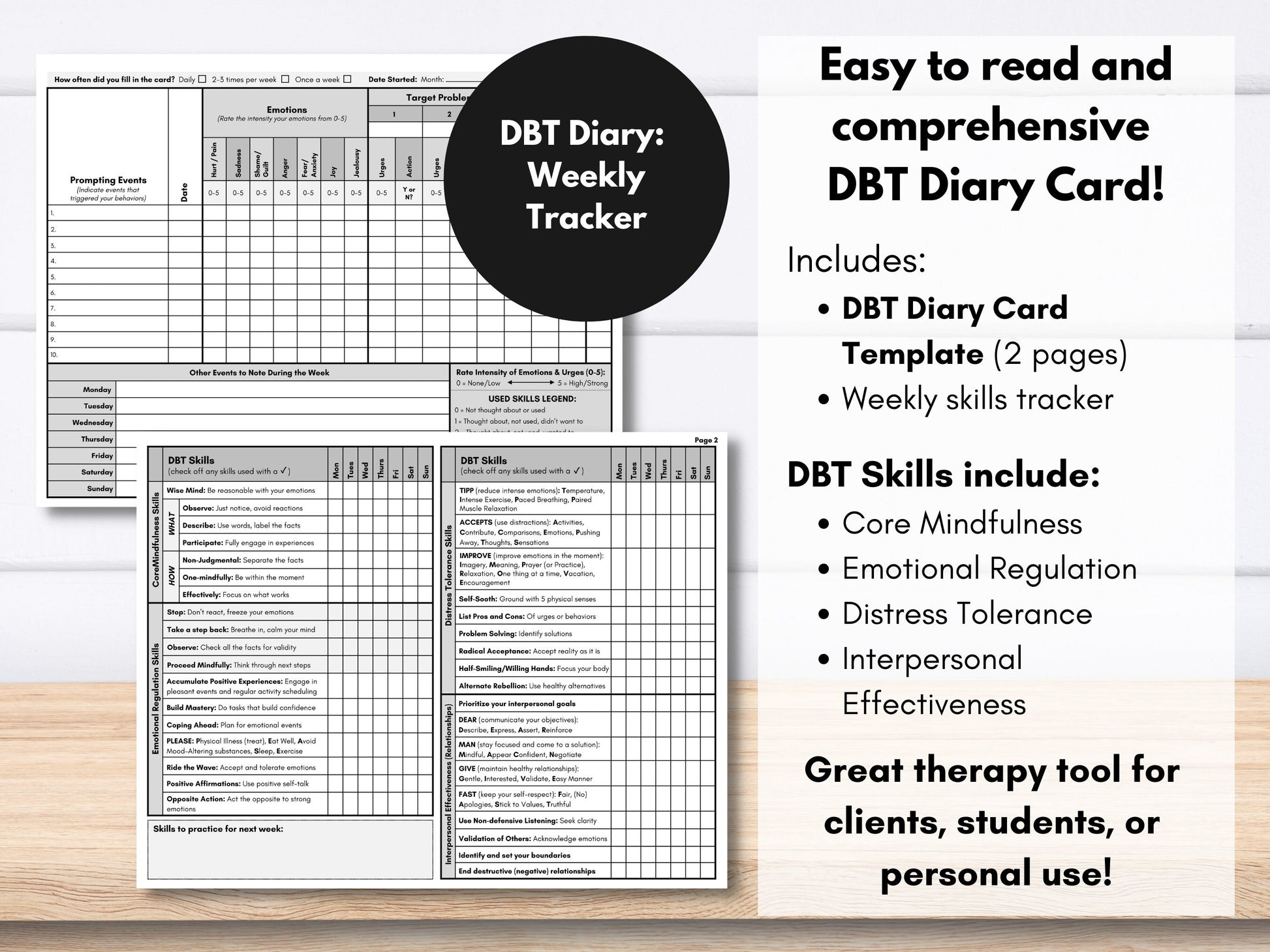 DBT Bundle, DBT Therapy Skills, Coping Skills, Dialectic Behavioral Therapy, Diary Card, Worksheet Set, Adult Anxiety (Digital Printable)