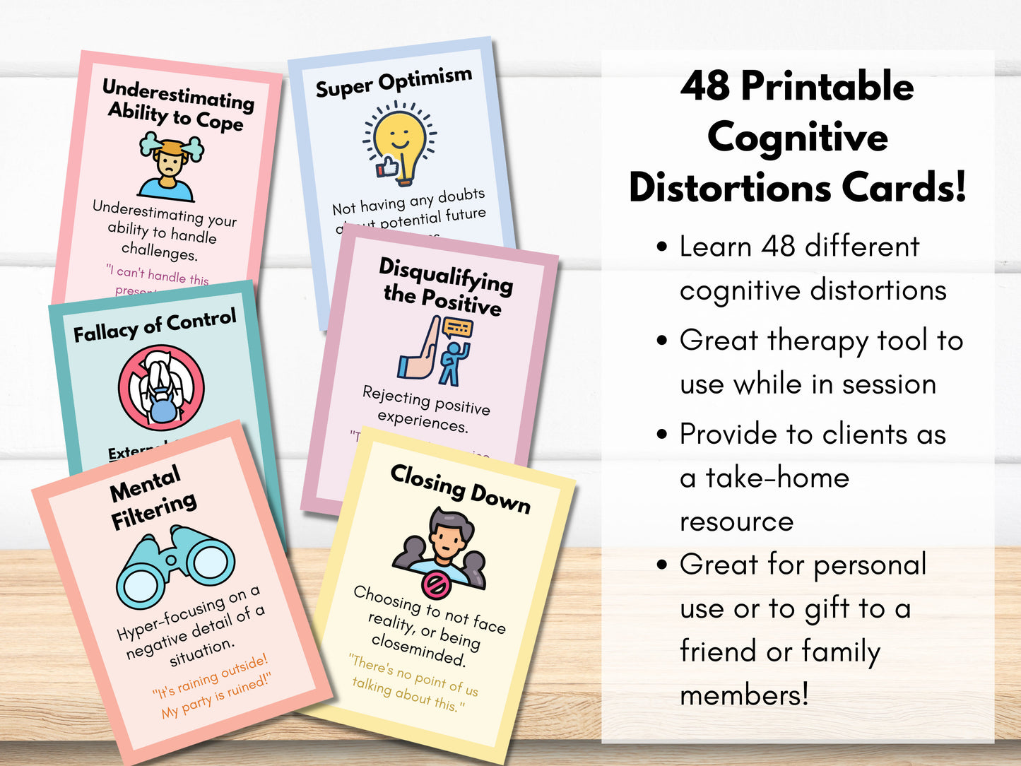 48 Cognitive Distortions Flashcards, Cognitive Behavioral Therapy, Unhelpful Thinking Styles, Psychology, Mental Health (Digital Printable)