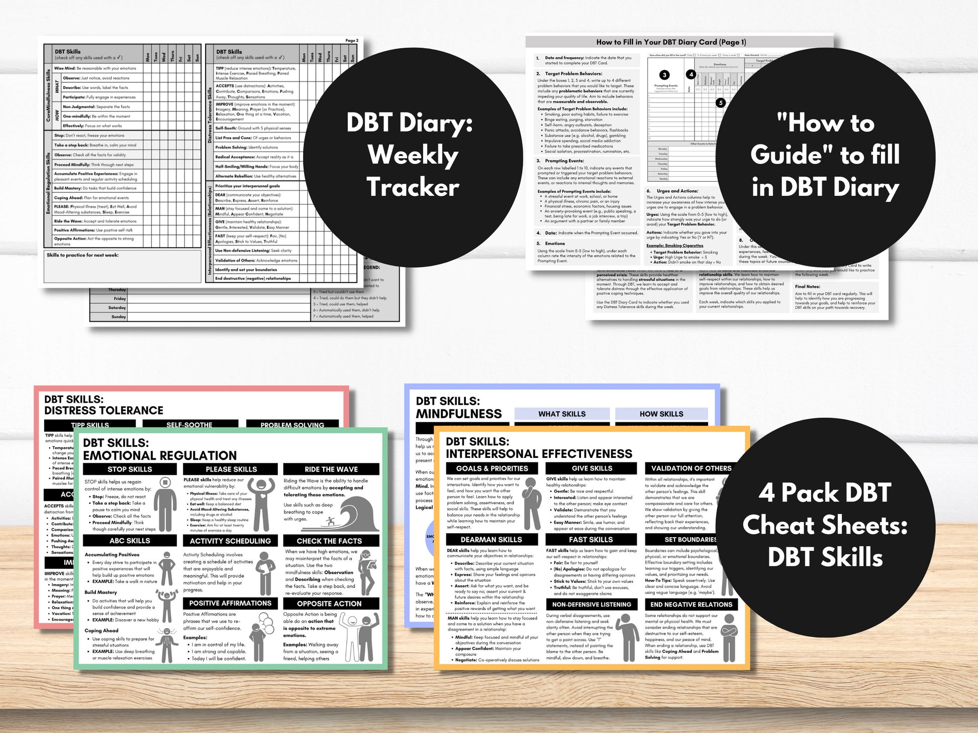 DBT Bundle, DBT Therapy Skills, Coping Skills, Dialectic Behavioral Therapy, Diary Card, Worksheet Set, Adult Anxiety (Digital Printable)