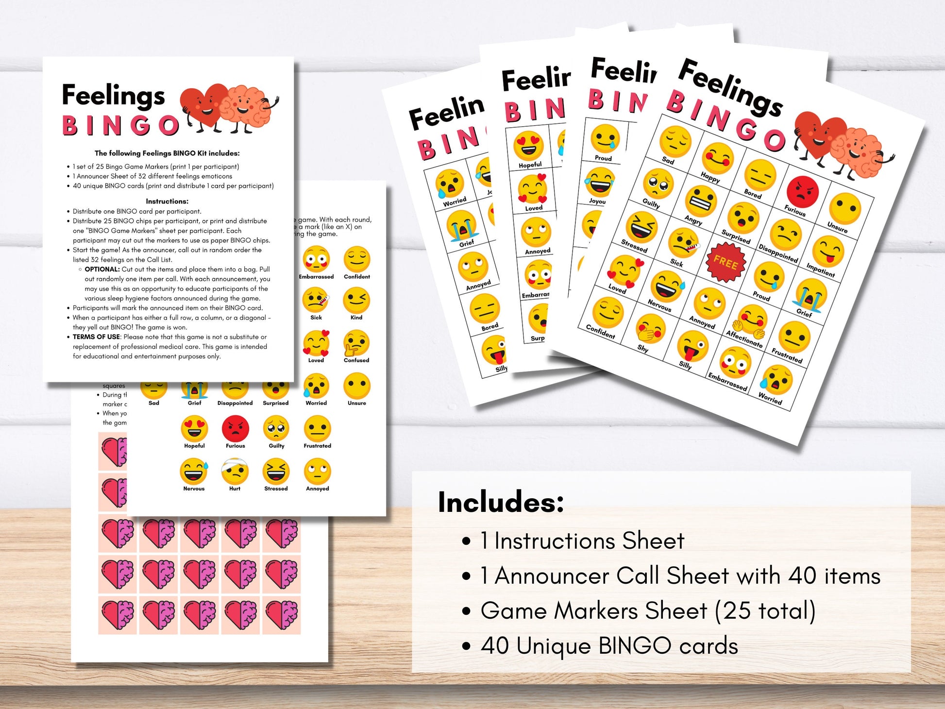 Feelings BINGO Game Kit, Children Social Emotional Learning Activity, Mental Health Kids, Classroom Therapy Game, Teens (Digital Printable)