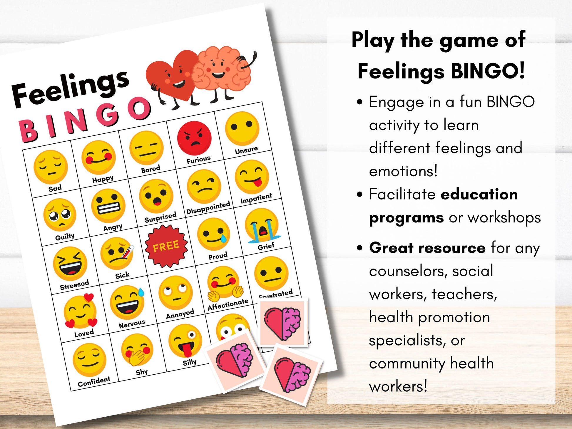 Feelings BINGO Game Kit, Children Social Emotional Learning Activity, Mental Health Kids, Classroom Therapy Game, Teens (Digital Printable)