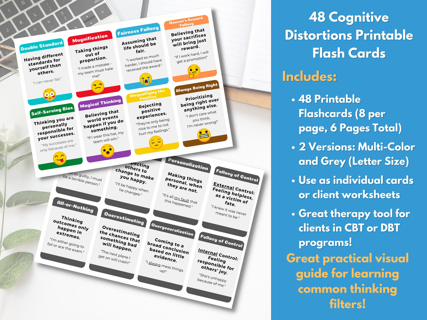 48 Cognitive Distortions Flash Cards, Thinking Errors Worksheets, Mental Filters Cheat Sheet, Coping Skills, CBT, DBT (Digital Printable)