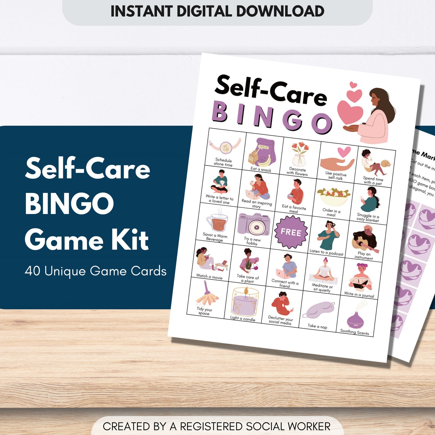 Self-Care BINGO Game Kit, Mental Health Awareness, Group Social Activity, Classroom, Therapy Game, Workplace Wellness (Digital Printable)