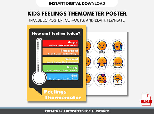 Feelings Thermometer Kids, Emotional Regulation, Calming Corner, Coping Skills for Mental Health, Education, Classroom (DIGITAL PRINTABLE)