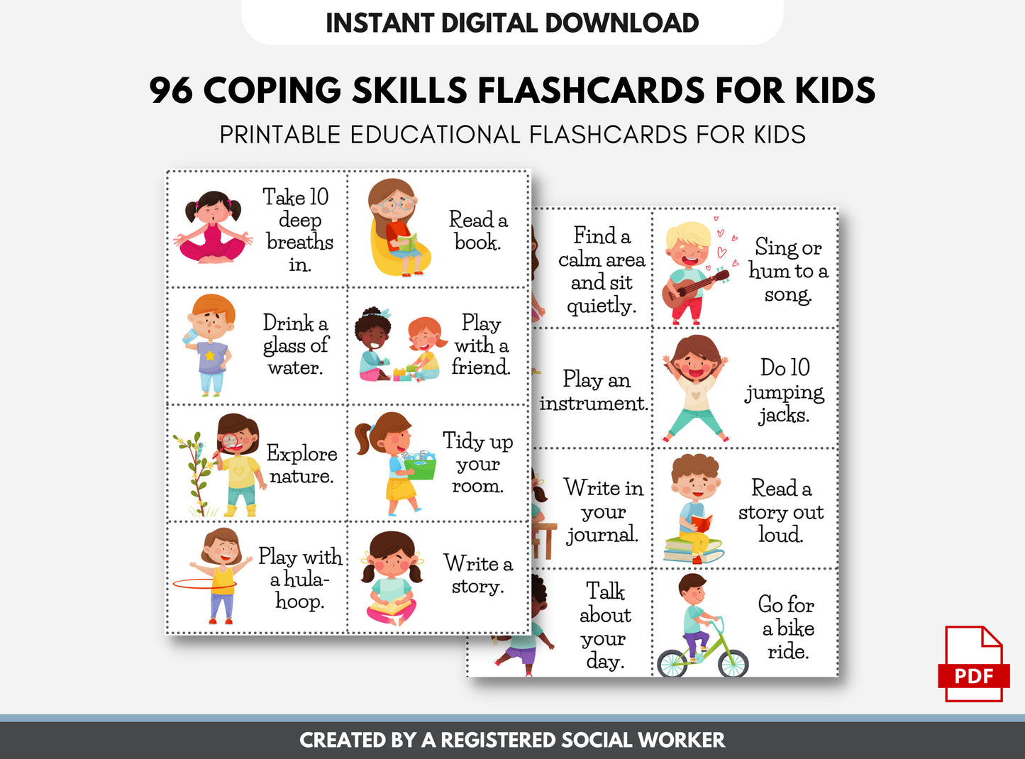 96 Coping Skills Cards for Kids, Activity Cards, Social Emotional Learning, Anxiety, Anger Management, Mental Health (DIGITAL PRINTABLE)