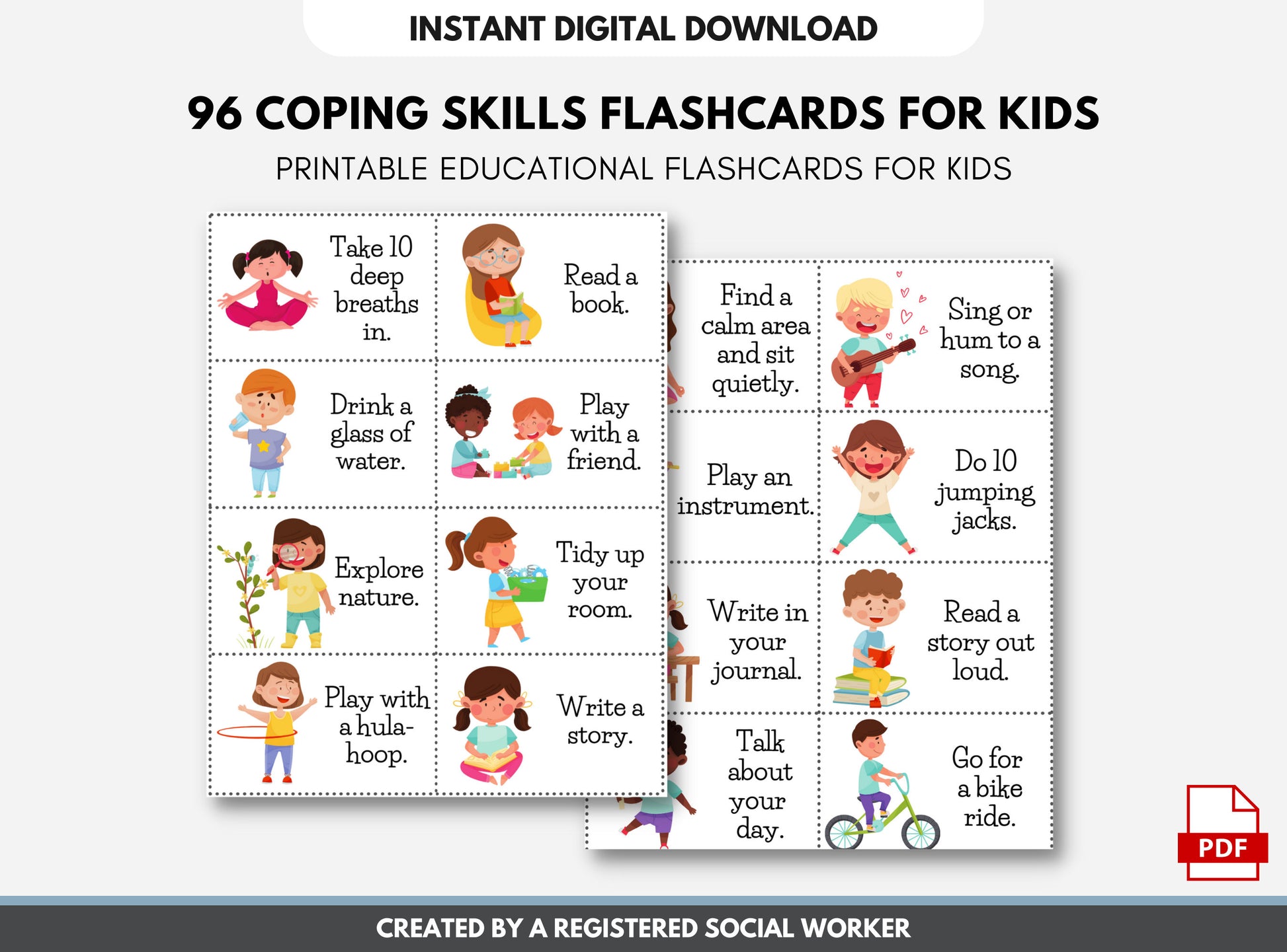 96 Coping Skills Cards for Kids, Activity Cards, Social Emotional Learning, Anxiety, Anger Management, Mental Health (DIGITAL PRINTABLE)