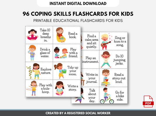 96 Coping Skills Cards for Kids, Activity Cards, Social Emotional Learning, Anxiety, Anger Management, Mental Health (DIGITAL PRINTABLE)