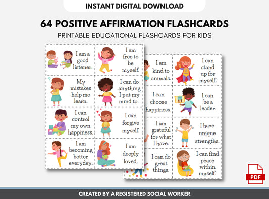 64 Positive Affirmation Cards for Kids, Growth Mindset, Calm Positivity, Emotional Regulation, Mental Health Education (DIGITAL PRINTABLE)