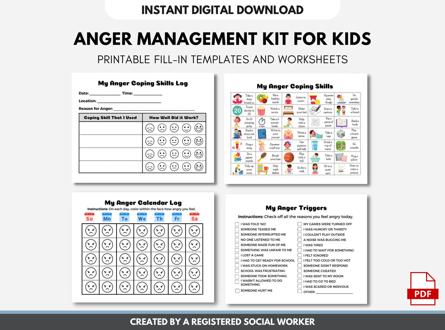 Anger Management Skills for Kids, Social Emotional Learning Worksheets, Activities, Education, Mental Health (Digital Printable)