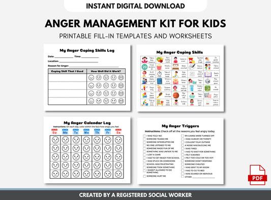 Anger Management Skills for Kids, Social Emotional Learning Worksheets, Activities, Education, Mental Health (Digital Printable)