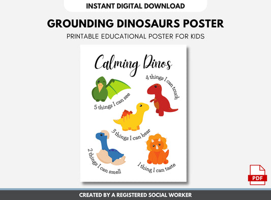 Dinosaur Grounding Poster for Kids, 5-4-3-2-1 Calming Strategy for Worry, Anxiety, Anger Management, Mental Health (DIGITAL PRINTABLE)