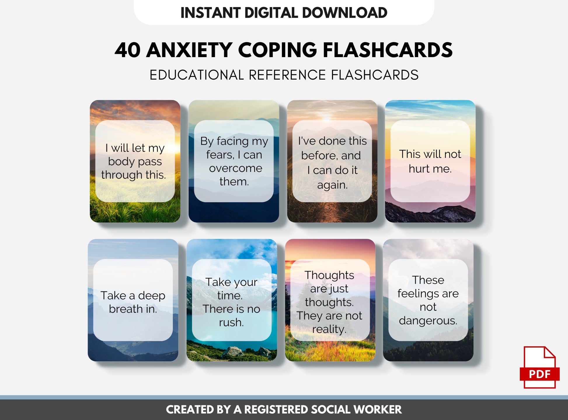 Anxiety Coping Cards, Anxiety Relief, Panic Attacks, Visualization, Caling Affirmations, Grounding Cards, CBT (Digital Printable)