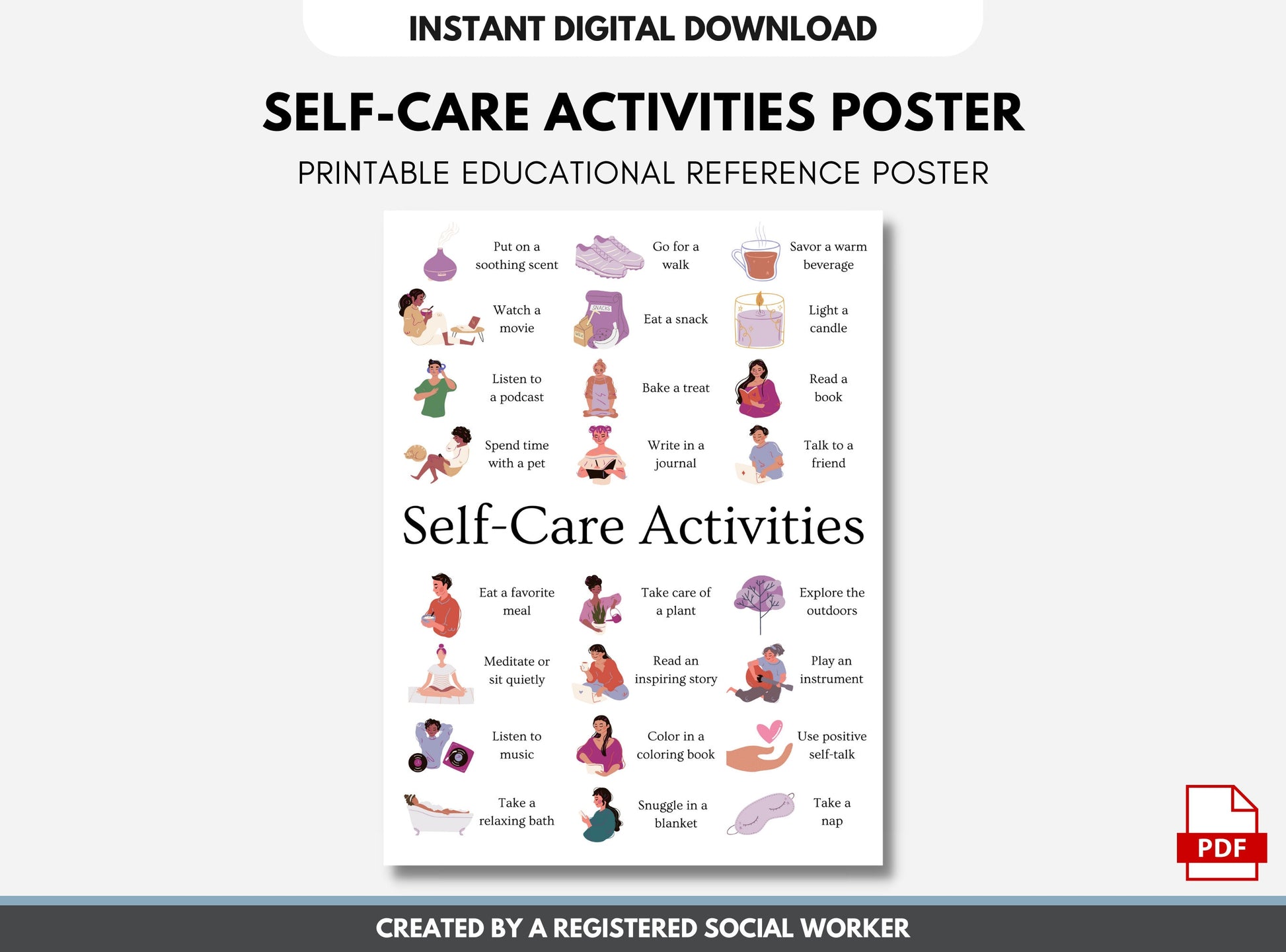 Self-Care Handout, Poster, Mental Health, Wellness Activities, Stress Relief, Anxiety, School, Teens, Clinic, Wall Decor (DIGITAL PRINTABLE)