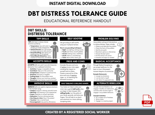 DBT Distress Tolerance Coping Skills, Worksheet, Handout, Therapy, Dialectical Behavior, Mental Health, Counselor (Digital Download)