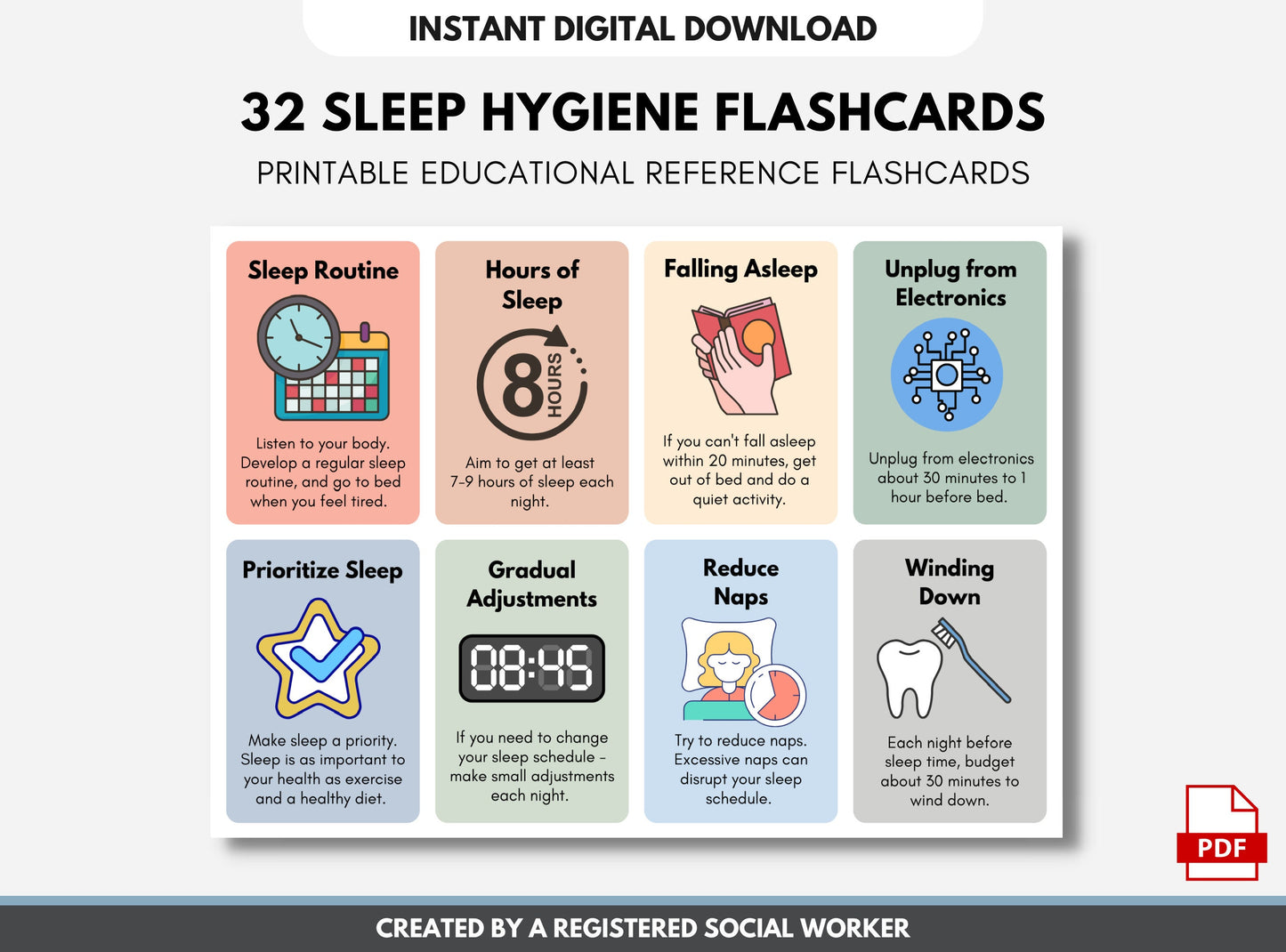 Sleep Hygiene Flash Cards, Sleep Wellness Tips Worksheets, Insomnia, Mental Health, Patient Education, Tools, Strategies (DIGITAL PRINTABLE)