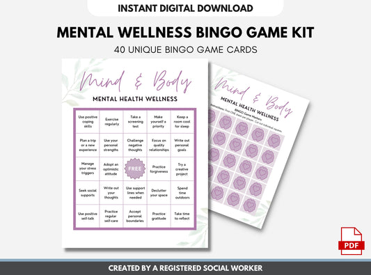 Mental Health BINGO Game Kit, Wellness Activity, Self-Care Learning, Coping Skills Education, Mindfulness, Teens, Adults (DIGITAL PRINTABLE)